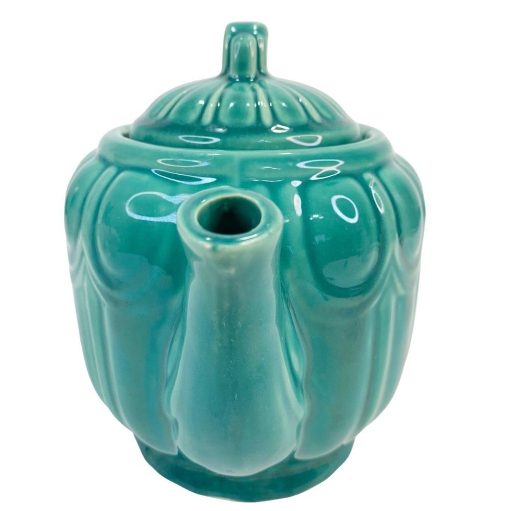 “SOLD” Vintage Shawnee Tea Pot MCM Ribbed Drape Pottery USA 1940s 40s Green - Picture 3 of 11
